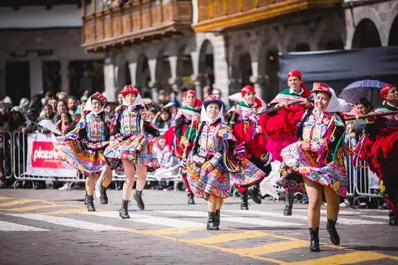 Traditional Inti Raymi dancers performing in Cusco, Peru.